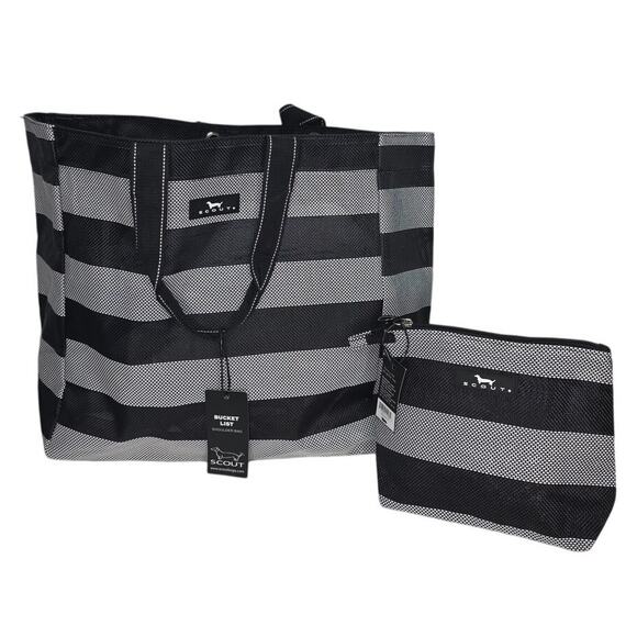 Scout Black Gray Striped Bucket List Large Open Top Shoulder  Tote Bag & Pouch - Picture 1 of 16